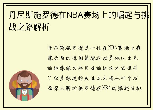 丹尼斯施罗德在NBA赛场上的崛起与挑战之路解析