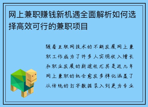 网上兼职赚钱新机遇全面解析如何选择高效可行的兼职项目
