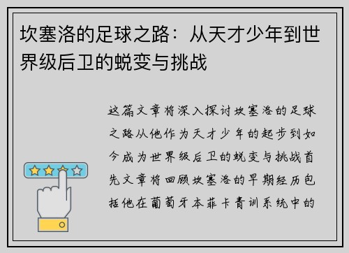 坎塞洛的足球之路：从天才少年到世界级后卫的蜕变与挑战