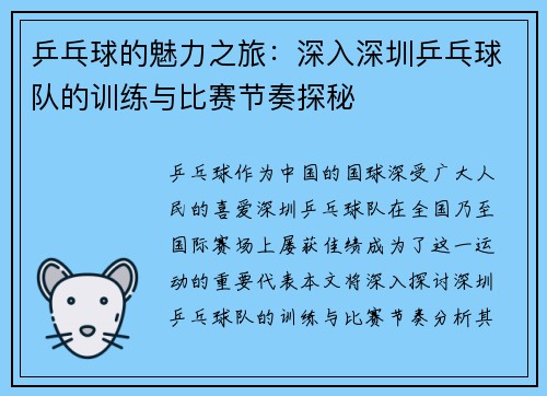乒乓球的魅力之旅：深入深圳乒乓球队的训练与比赛节奏探秘