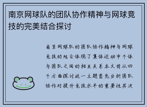 南京网球队的团队协作精神与网球竞技的完美结合探讨