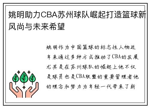 姚明助力CBA苏州球队崛起打造篮球新风尚与未来希望