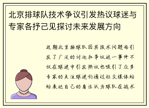 北京排球队技术争议引发热议球迷与专家各抒己见探讨未来发展方向