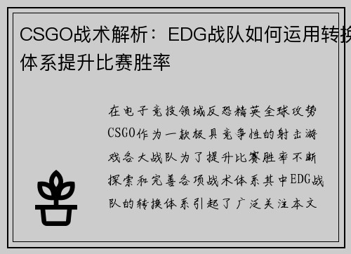 CSGO战术解析：EDG战队如何运用转换体系提升比赛胜率