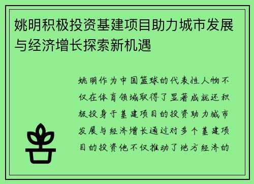 姚明积极投资基建项目助力城市发展与经济增长探索新机遇