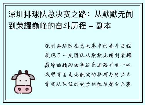 深圳排球队总决赛之路：从默默无闻到荣耀巅峰的奋斗历程 - 副本